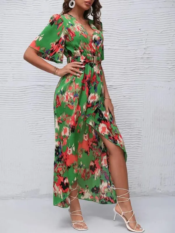 Vibrant Floral Surpliced V Neck Maxi Vacation Dress