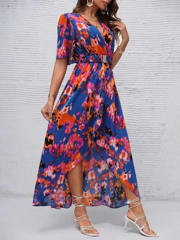 Vibrant Floral Surpliced V Neck Maxi Vacation Dress