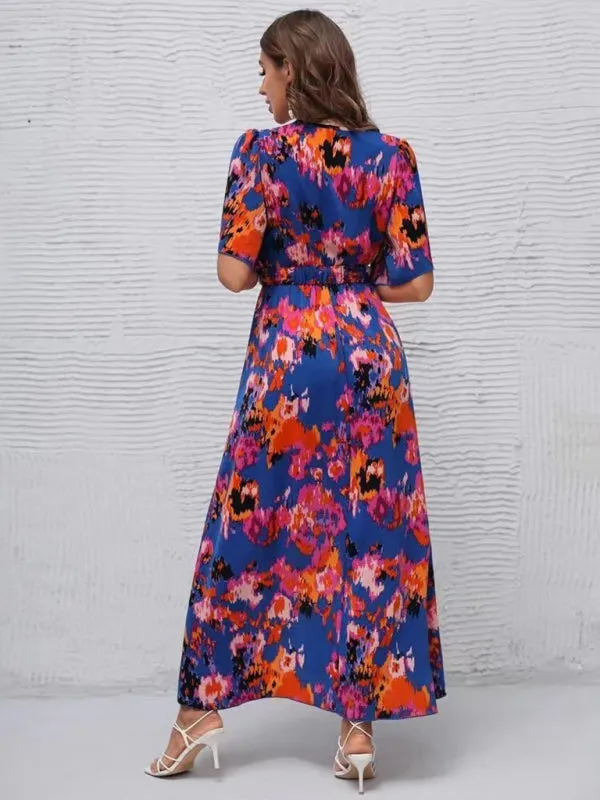 Vibrant Floral Surpliced V Neck Maxi Vacation Dress