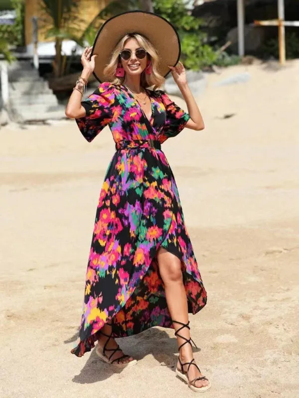 Vibrant Floral Surpliced V Neck Maxi Vacation Dress