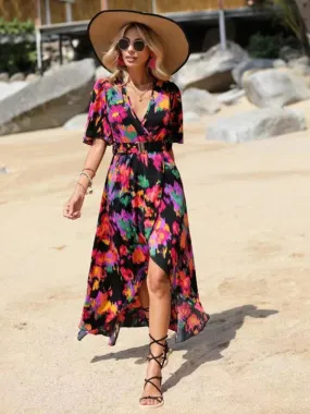 Vibrant Floral Surpliced V Neck Maxi Vacation Dress