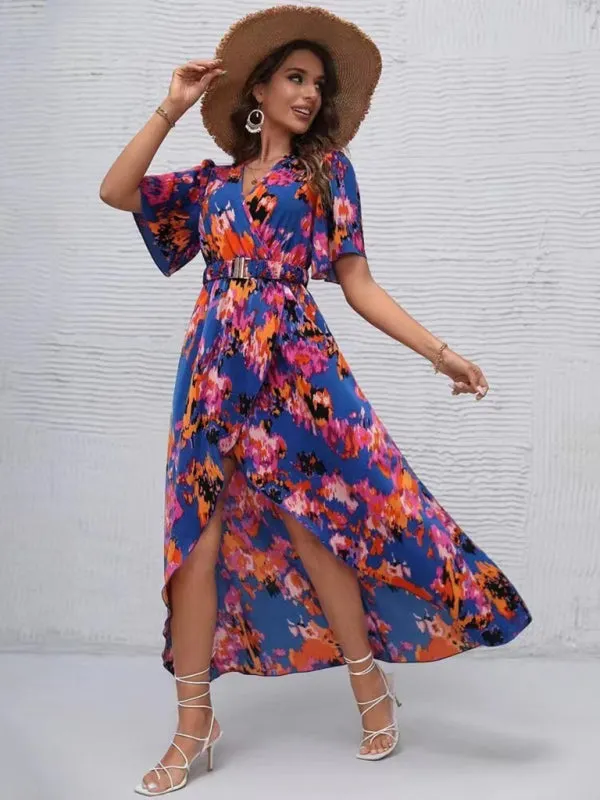 Vibrant Floral Surpliced V Neck Maxi Vacation Dress