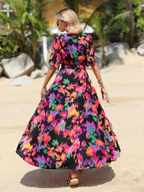 Vibrant Floral Surpliced V Neck Maxi Vacation Dress