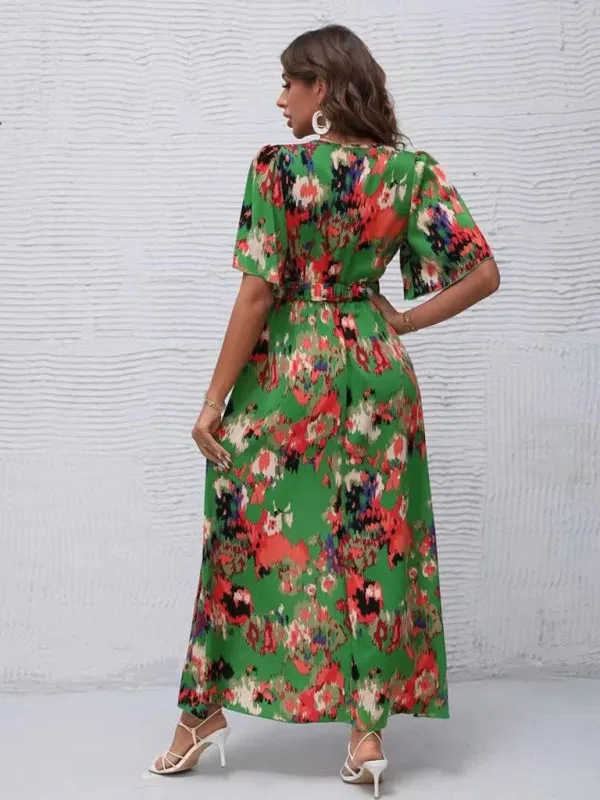 Vibrant Floral Surpliced V Neck Maxi Vacation Dress