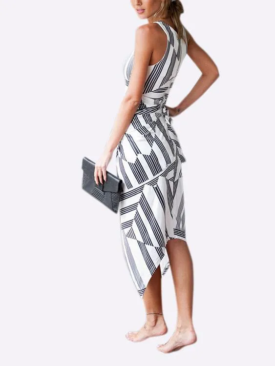 Wholesale Black & White Round Neck Sleeveless Stripe Zip Back Irregular Hem Midi Dresses