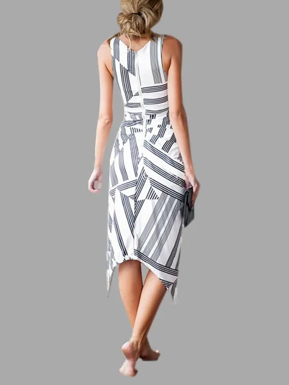 Wholesale Black & White Round Neck Sleeveless Stripe Zip Back Irregular Hem Midi Dresses