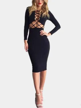 Wholesale Black Long Sleeve Midi Dress