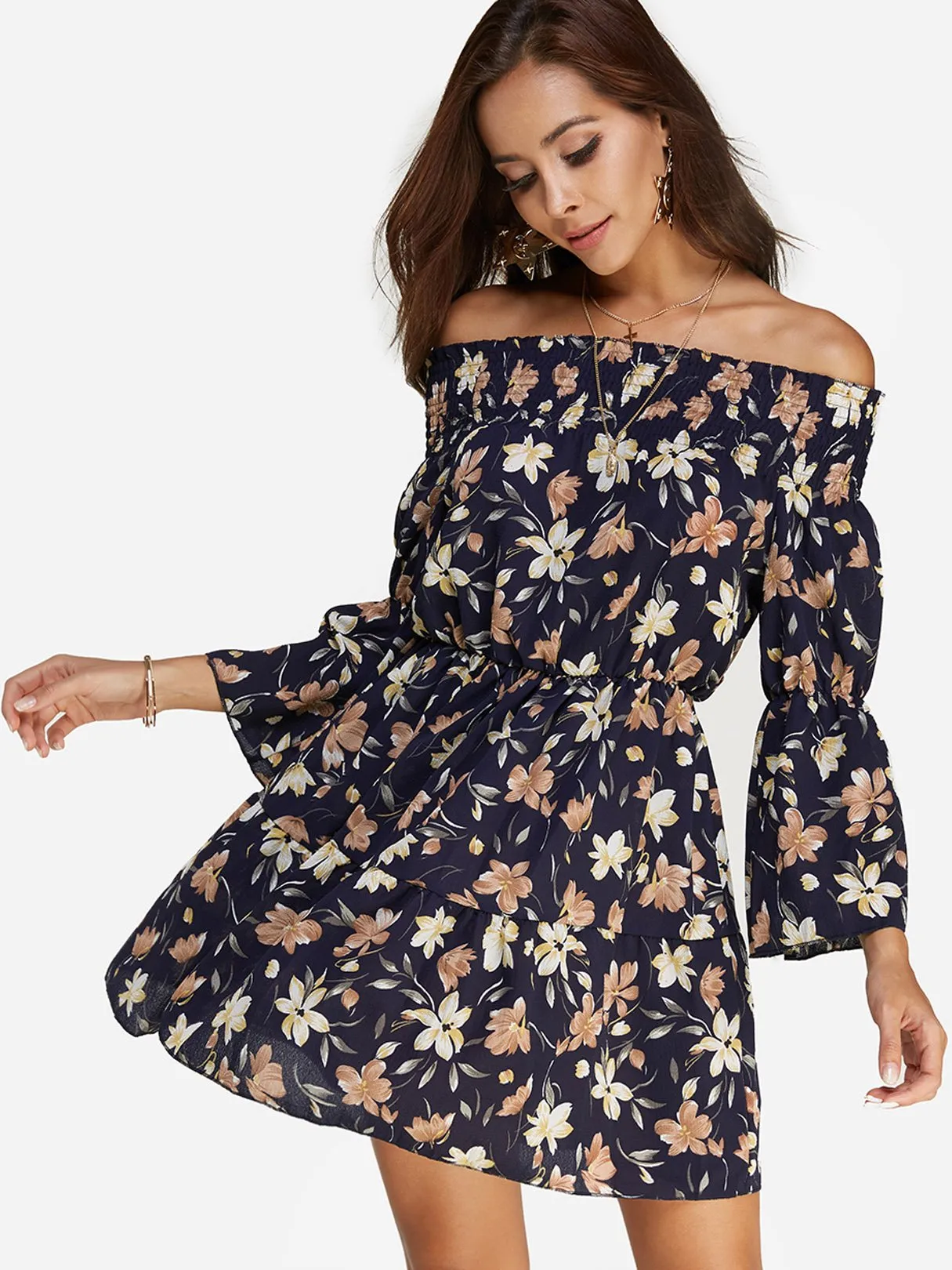 Wholesale Black Off The Shoulder 3/4 Sleeve Length Floral Print Dresses