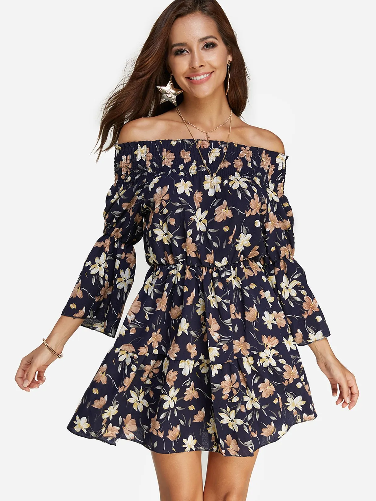 Wholesale Black Off The Shoulder 3/4 Sleeve Length Floral Print Dresses