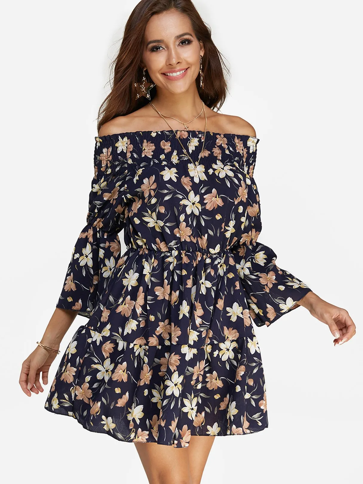 Wholesale Black Off The Shoulder 3/4 Sleeve Length Floral Print Dresses