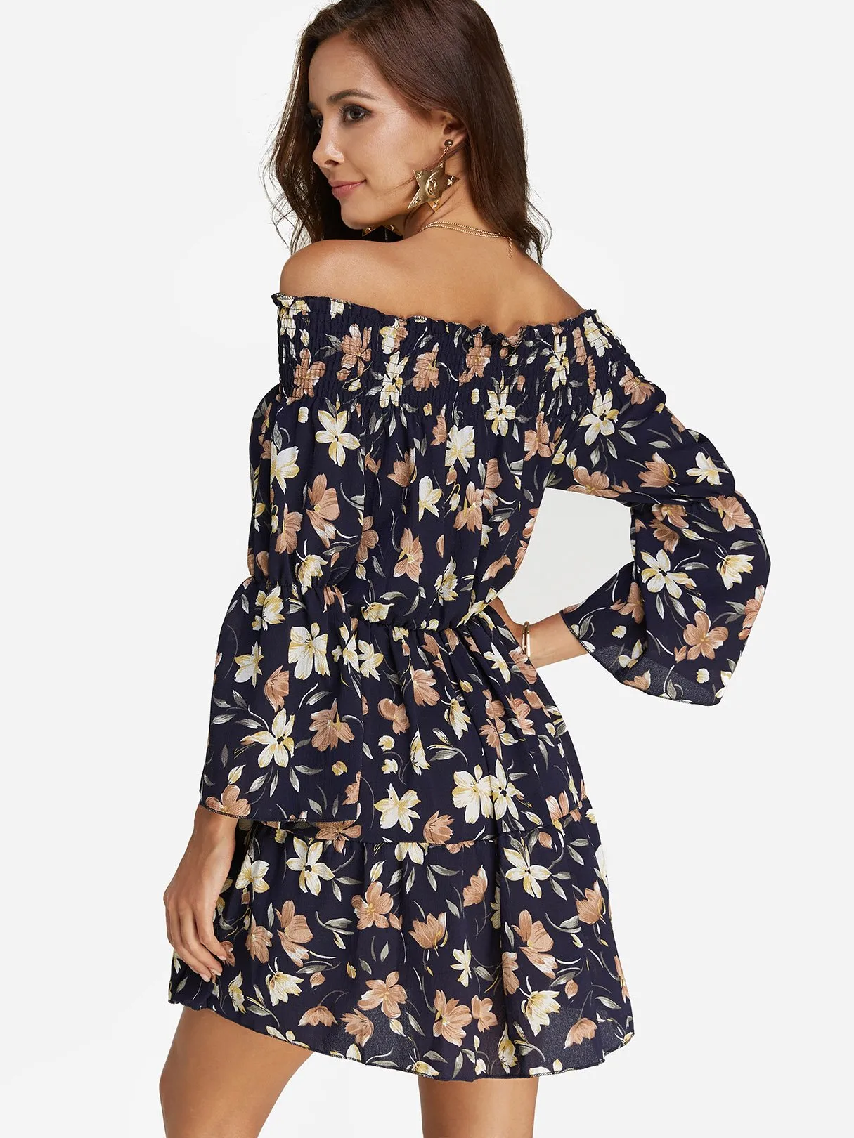 Wholesale Black Off The Shoulder 3/4 Sleeve Length Floral Print Dresses