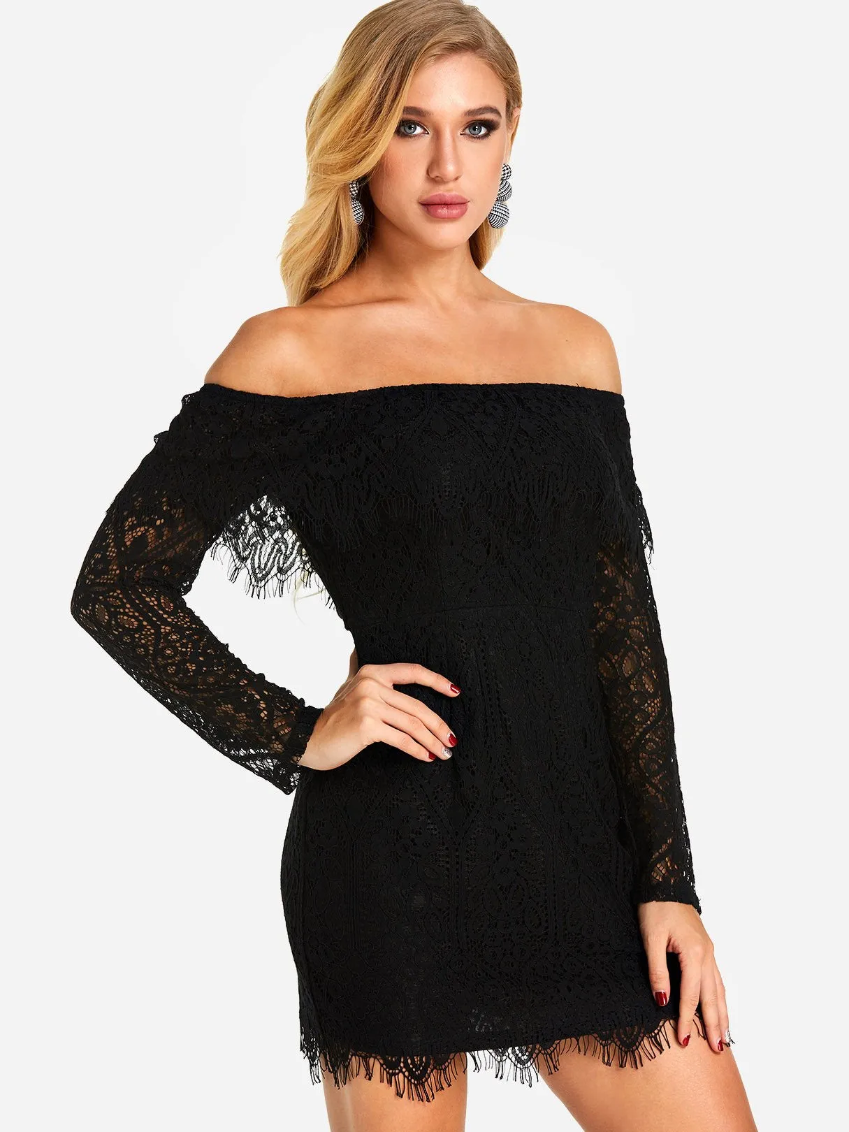 Wholesale Black Off The Shoulder Long Sleeve Lace Tassel Hem Dress