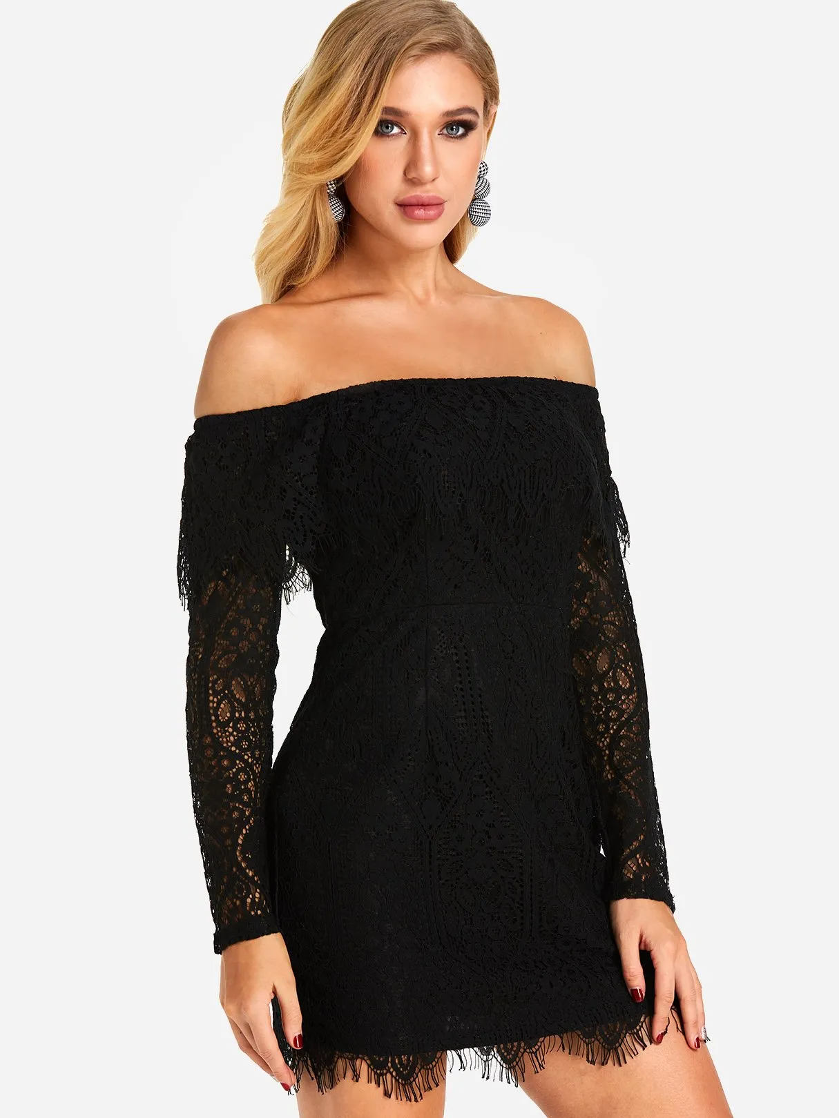 Wholesale Black Off The Shoulder Long Sleeve Lace Tassel Hem Dress