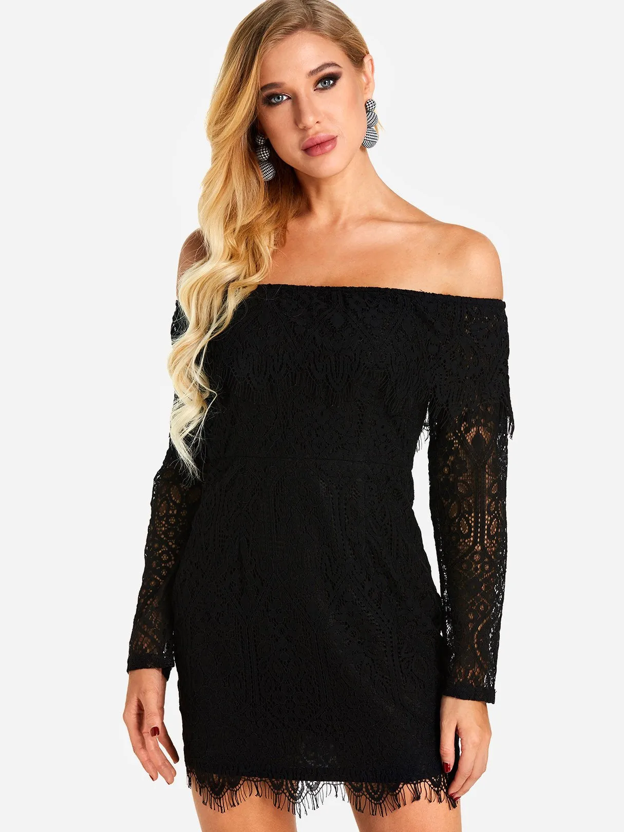 Wholesale Black Off The Shoulder Long Sleeve Lace Tassel Hem Dress