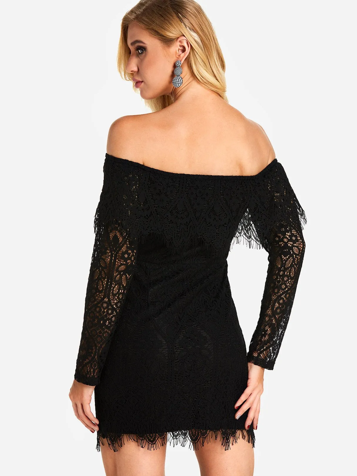 Wholesale Black Off The Shoulder Long Sleeve Lace Tassel Hem Dress