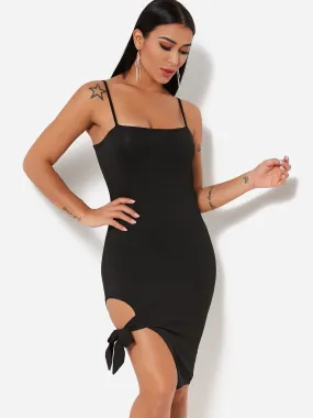 Wholesale Black Off The Shoulder Sleeveless Plain Zip Back Slit Spaghetti Strap Self-Tie Dresses