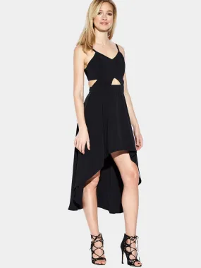 Wholesale Black V-Neck Sleeveless Plain Crossed Front Backless Cut Out Spaghetti Strap Irregular Hem Midi Dress