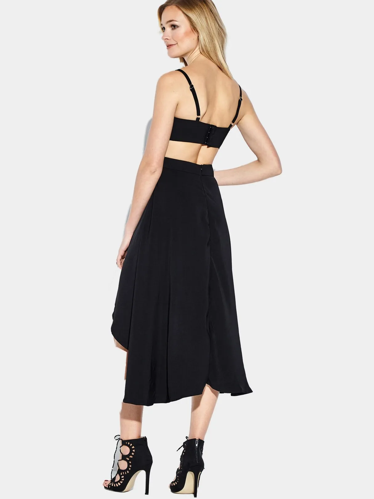 Wholesale Black V-Neck Sleeveless Plain Crossed Front Backless Cut Out Spaghetti Strap Irregular Hem Midi Dress