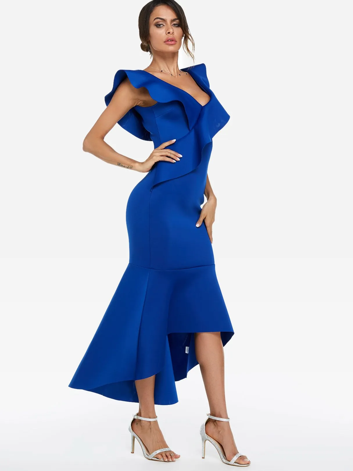 Wholesale Blue Off The Shoulder Short Sleeve Plain Crossed Front Backless Flounced Hem Dresses