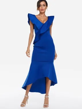 Wholesale Blue Off The Shoulder Short Sleeve Plain Crossed Front Backless Flounced Hem Dresses