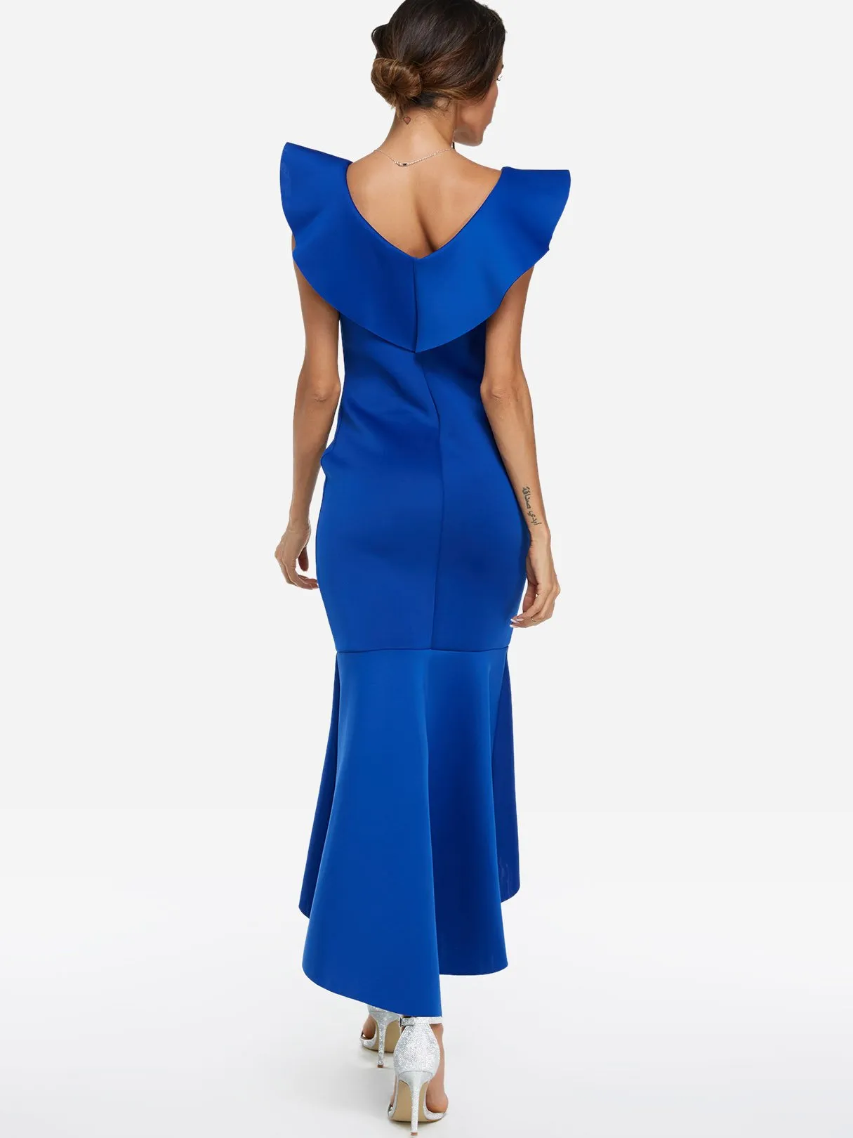 Wholesale Blue Off The Shoulder Short Sleeve Plain Crossed Front Backless Flounced Hem Dresses