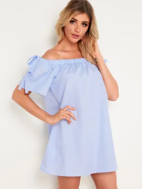 Wholesale Blue Off The Shoulder Short Sleeve Stripe Lace-Up Dresses