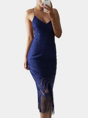 Wholesale Blue V-Neck Sleeveless Sheer Lace Zip Back Backless Lace-Up Tassel Hem Midi Dress