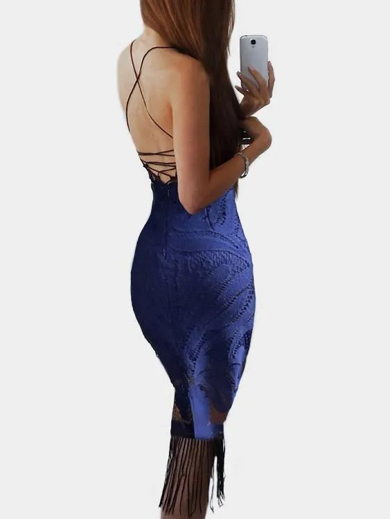 Wholesale Blue V-Neck Sleeveless Sheer Lace Zip Back Backless Lace-Up Tassel Hem Midi Dress