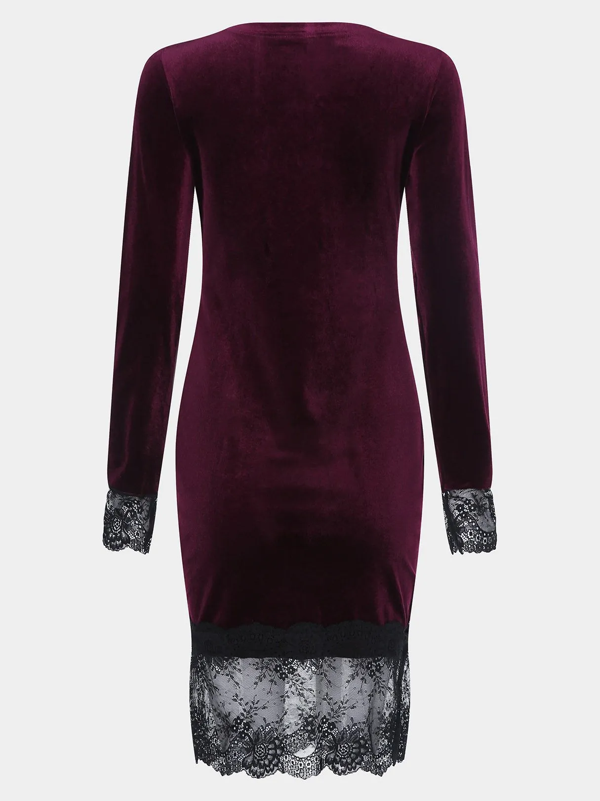 Wholesale Burgundy Bateau Long Sleeve Lace Stitching Hem Midi Dress