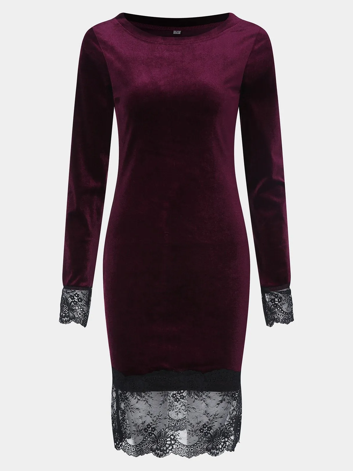 Wholesale Burgundy Bateau Long Sleeve Lace Stitching Hem Midi Dress