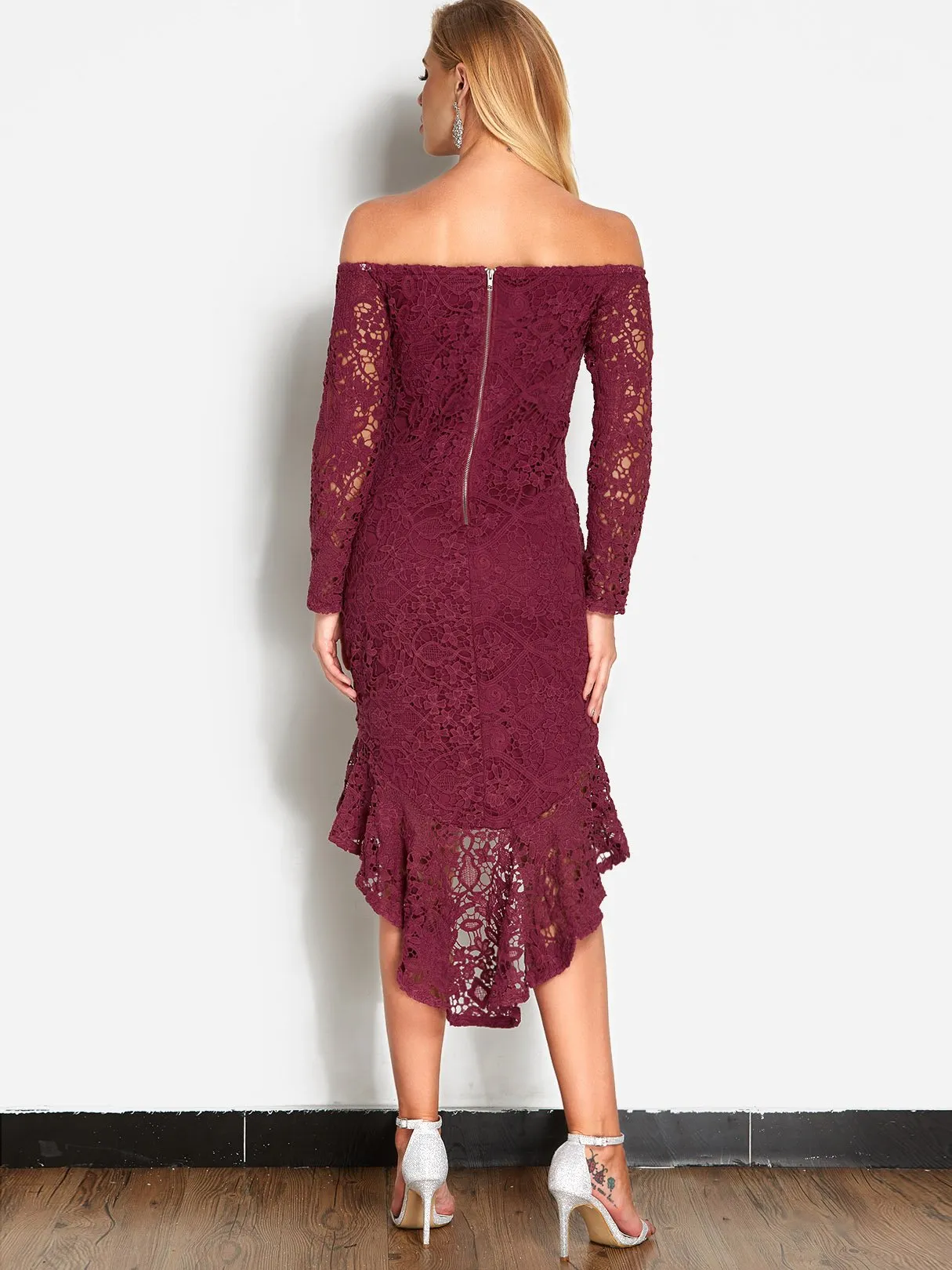 Wholesale Burgundy Off The Shoulder Long Sleeve Lace Zip Back Flounced Hem Dresses