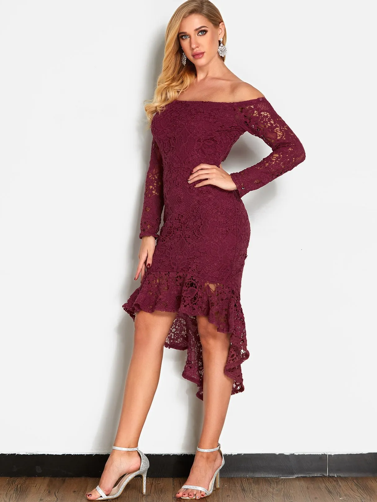 Wholesale Burgundy Off The Shoulder Long Sleeve Lace Zip Back Flounced Hem Dresses