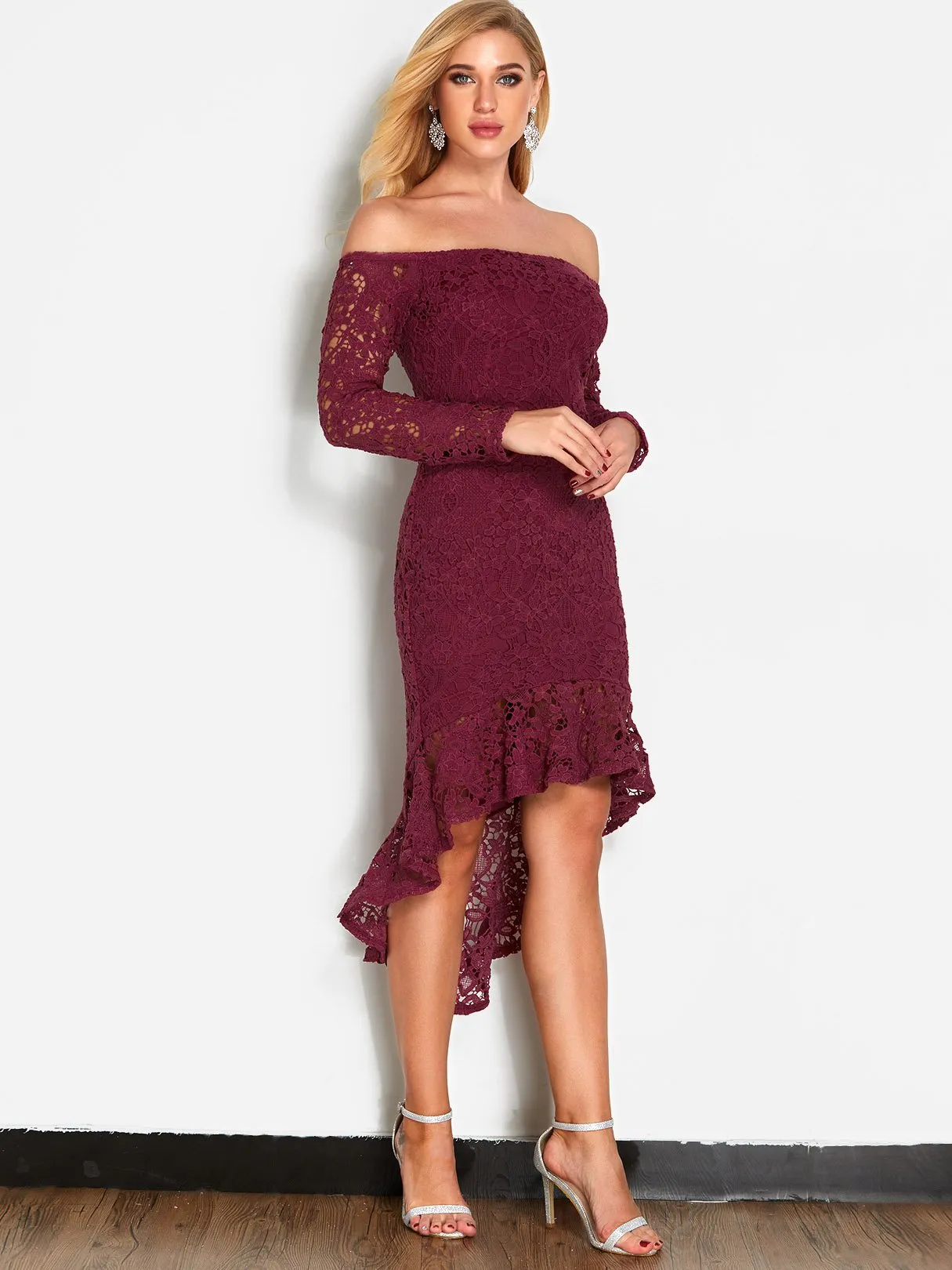 Wholesale Burgundy Off The Shoulder Long Sleeve Lace Zip Back Flounced Hem Dresses