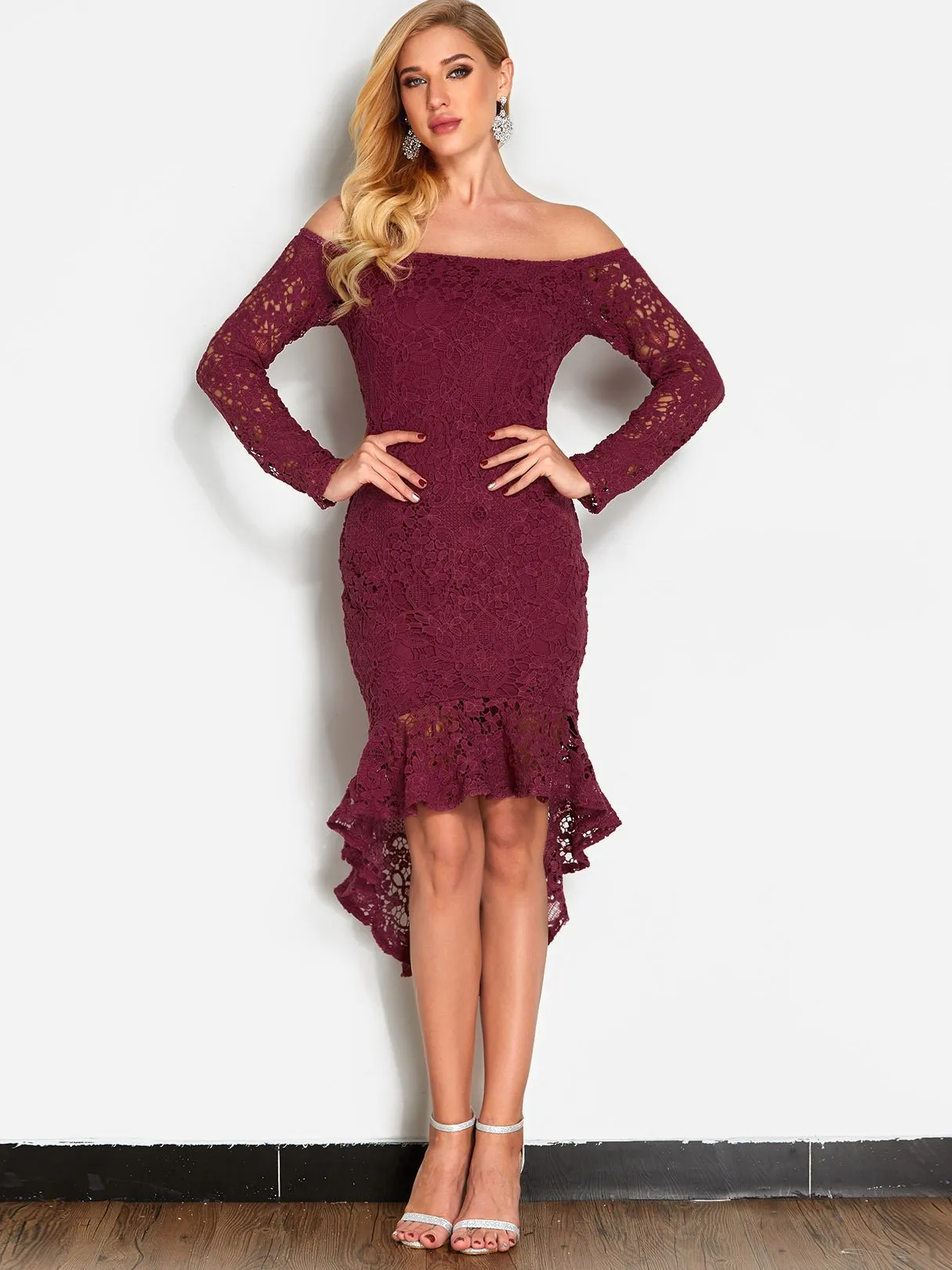 Wholesale Burgundy Off The Shoulder Long Sleeve Lace Zip Back Flounced Hem Dresses