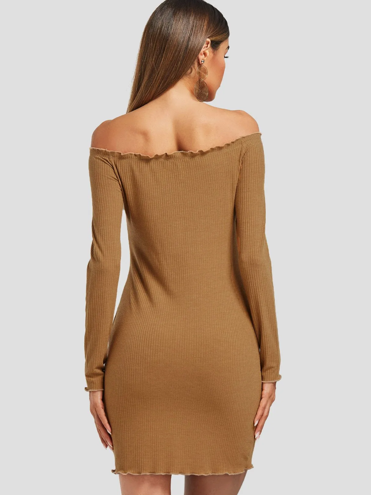 Wholesale Camel Off The Shoulder Long Sleeve Plain Backless Dresses