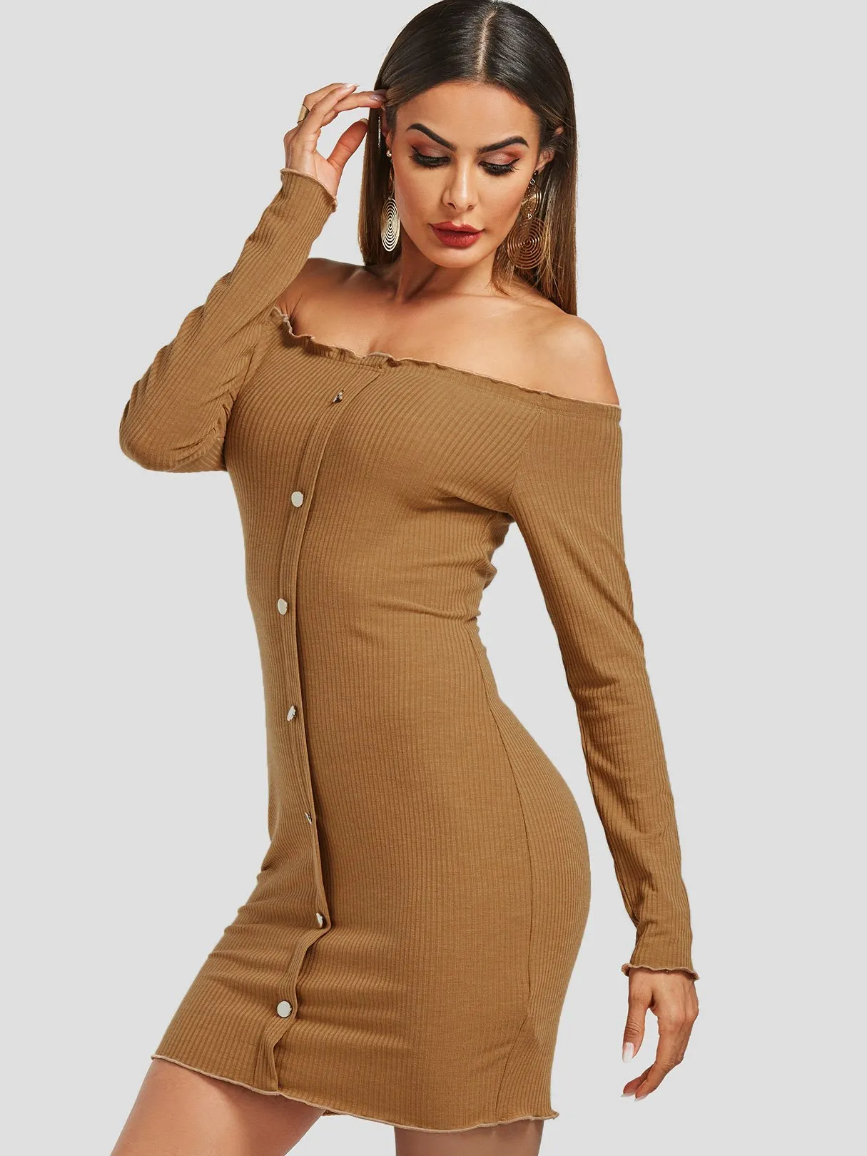 Wholesale Camel Off The Shoulder Long Sleeve Plain Backless Dresses