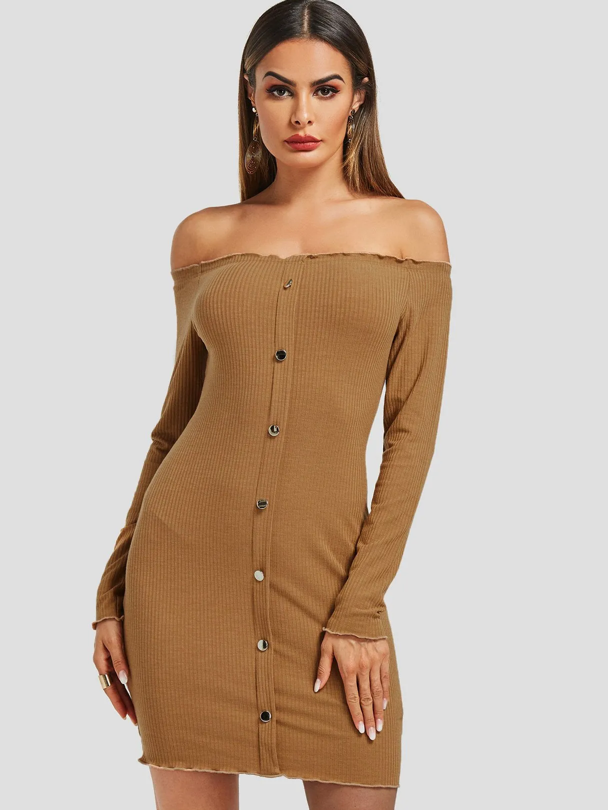 Wholesale Camel Off The Shoulder Long Sleeve Plain Backless Dresses