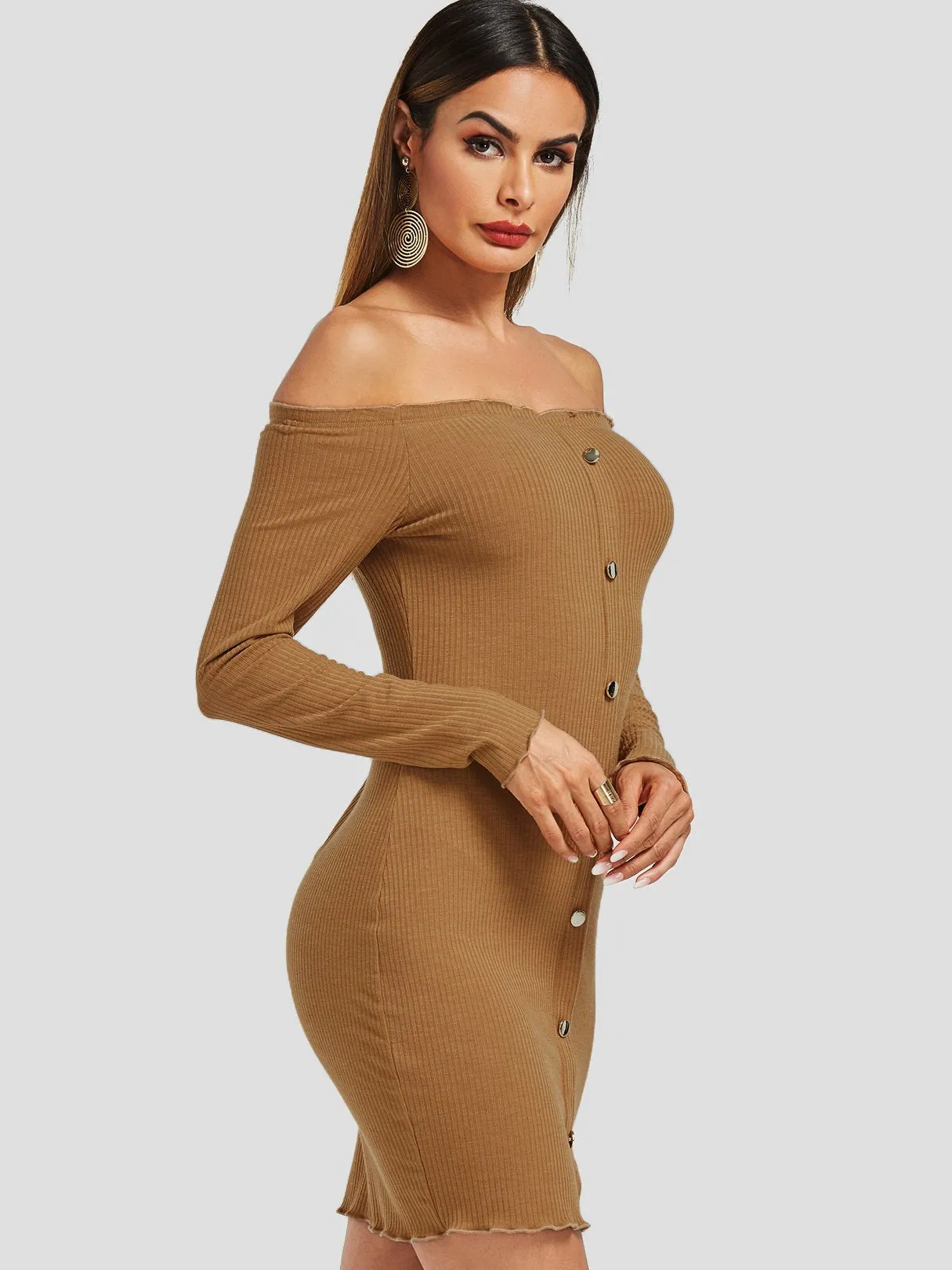 Wholesale Camel Off The Shoulder Long Sleeve Plain Backless Dresses