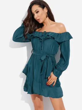 Wholesale Green Off The Shoulder Long Sleeve Plain Self-Tie Flounced Hem Dresses