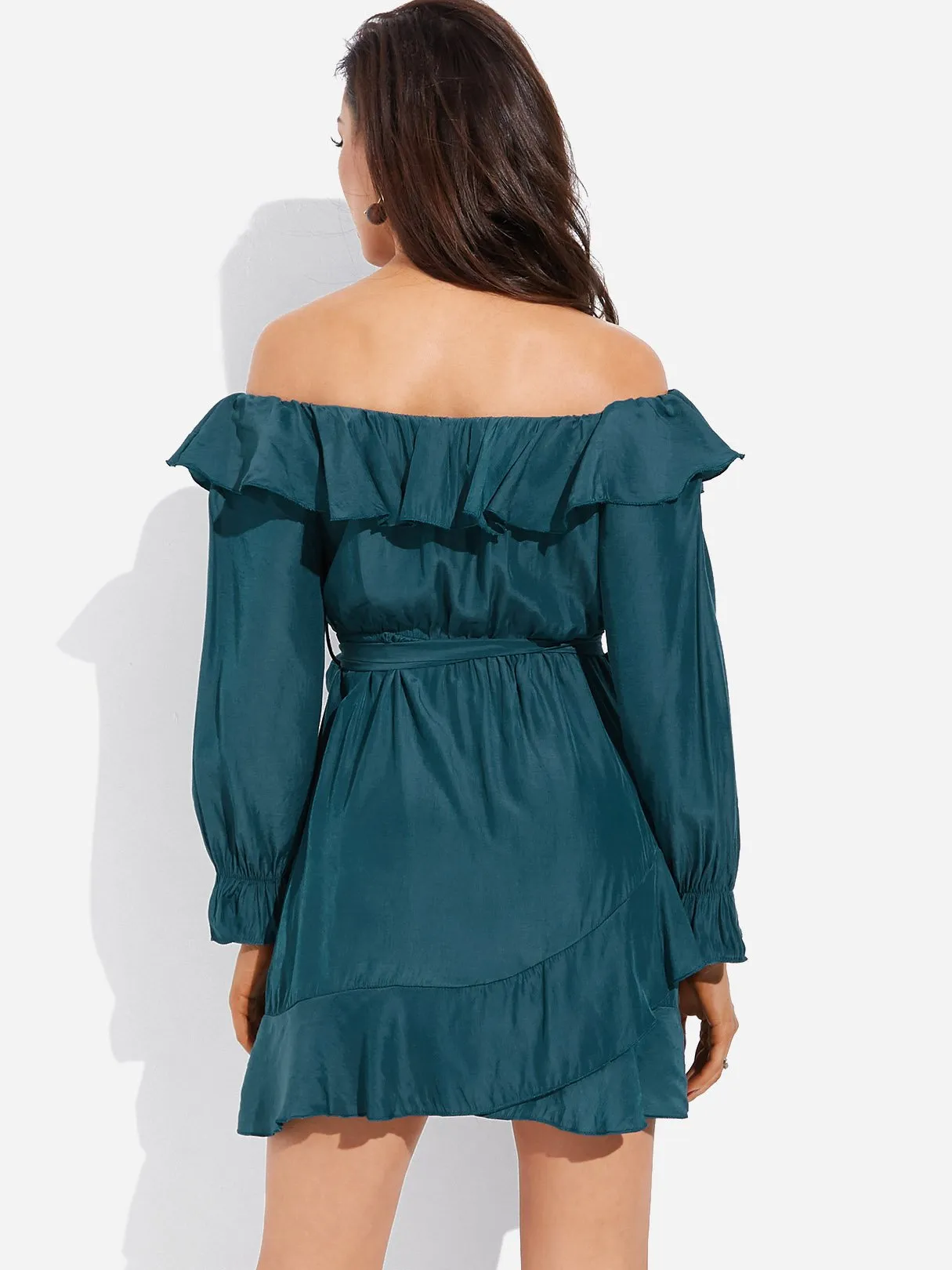 Wholesale Green Off The Shoulder Long Sleeve Plain Self-Tie Flounced Hem Dresses