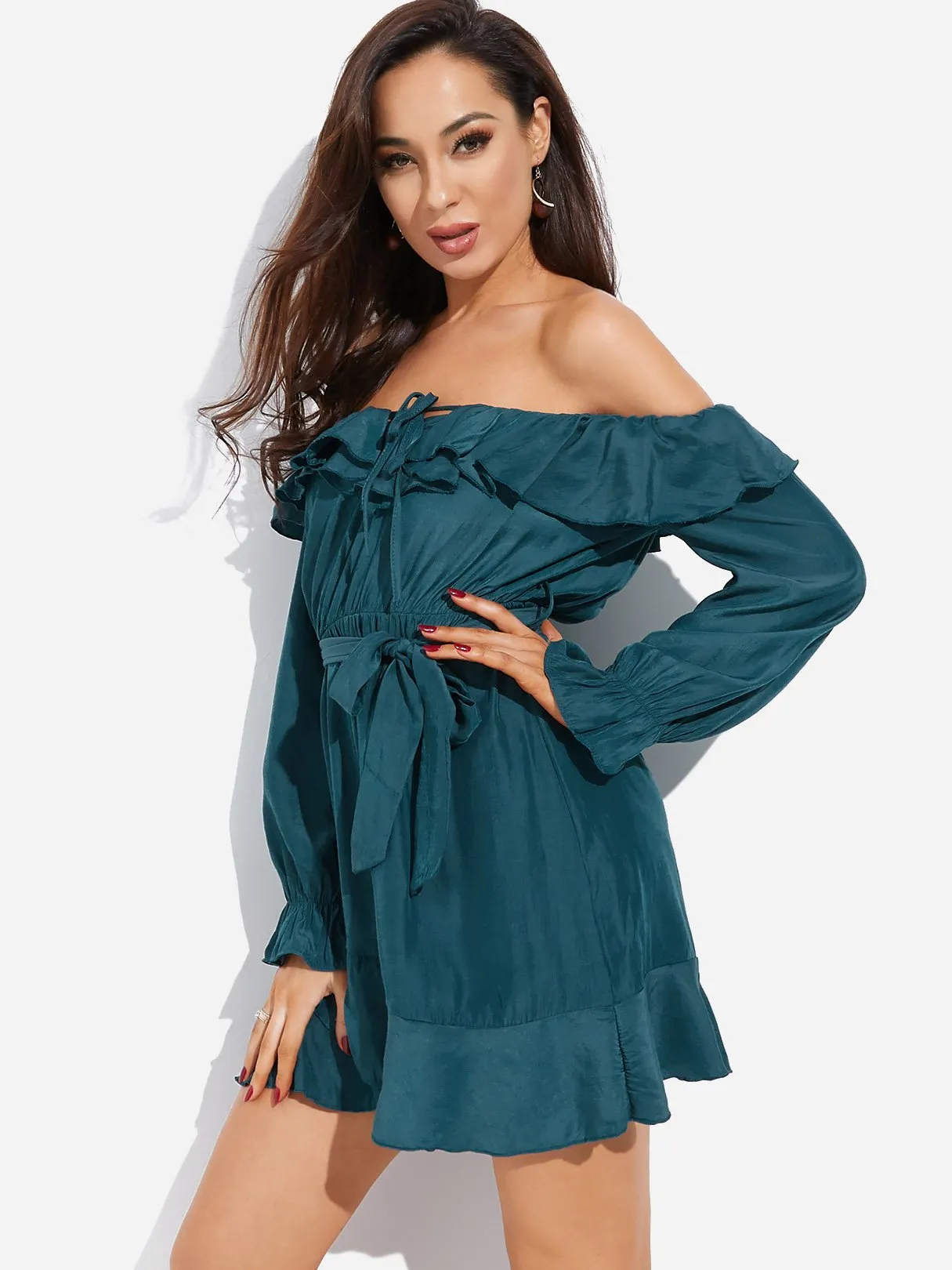 Wholesale Green Off The Shoulder Long Sleeve Plain Self-Tie Flounced Hem Dresses