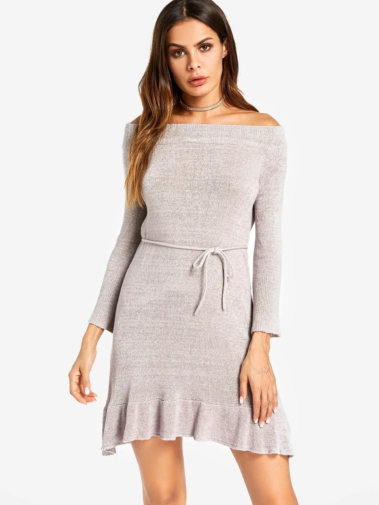 Wholesale Grey Off The Shoulder Long Sleeve Plain Self-Tie Curved Hem Dresses