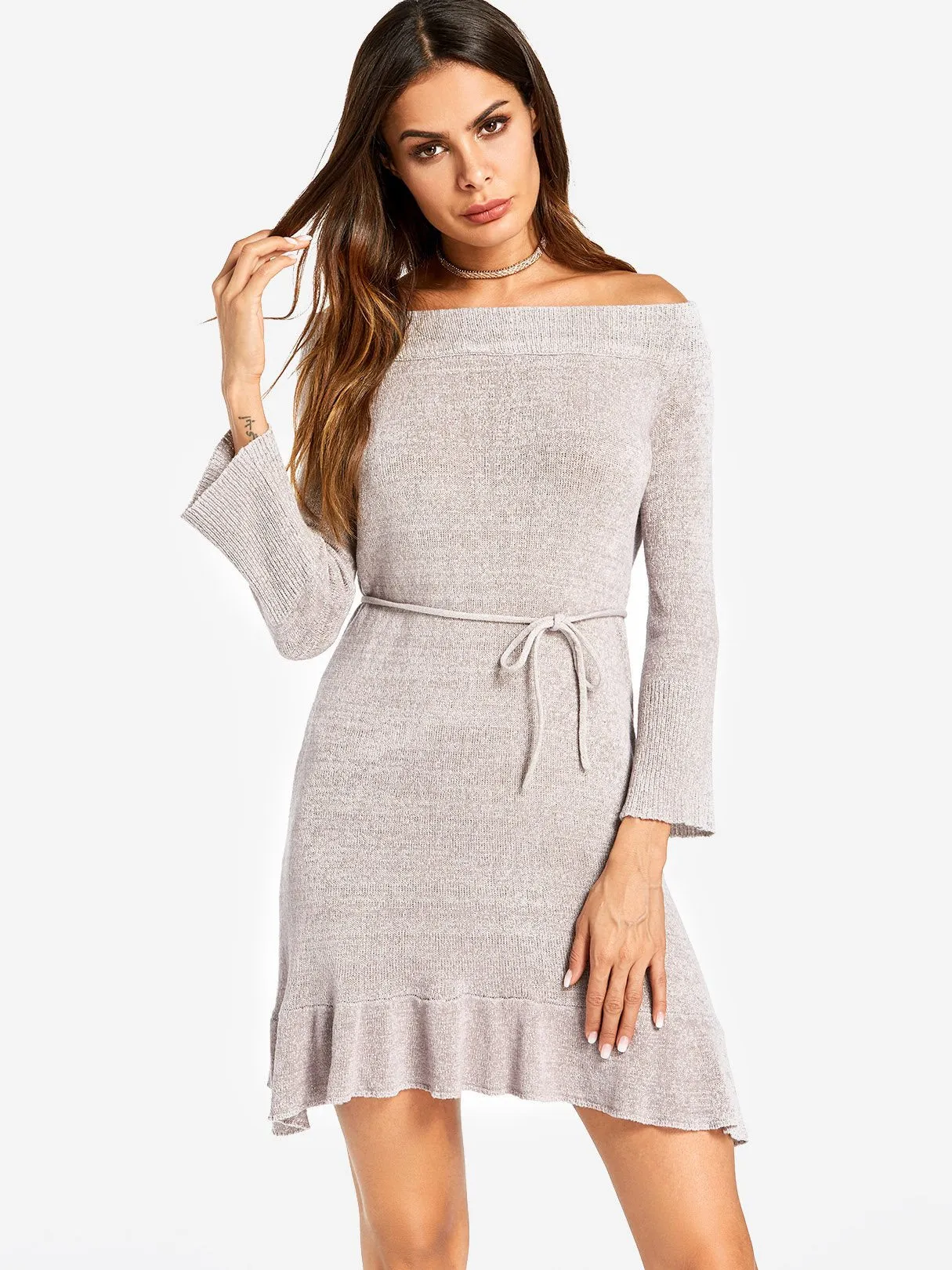 Wholesale Grey Off The Shoulder Long Sleeve Plain Self-Tie Curved Hem Dresses