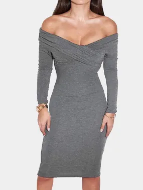 Wholesale Grey V-Neck Long Sleeve Plain Bodycon Hem Dresses