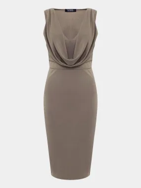 Wholesale Khaki V-Neck Drape Sagging Sleeveless Plain Pleated Midi Dress