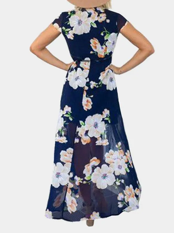 Wholesale Navy Off The Shoulder Half Sleeve Floral Print Cut Out Belt Ruffle Hem Dresses