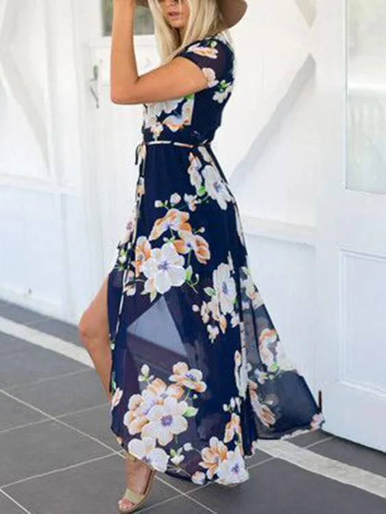 Wholesale Navy Off The Shoulder Half Sleeve Floral Print Cut Out Belt Ruffle Hem Dresses