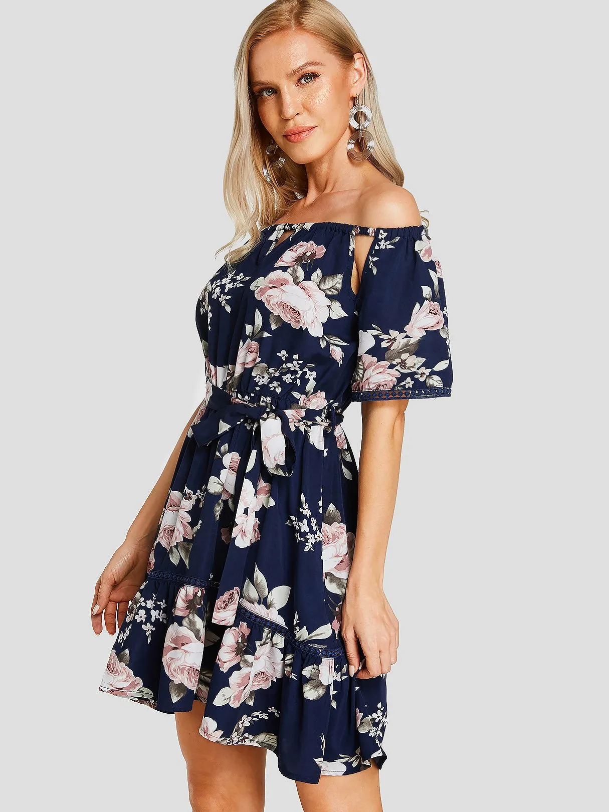 Wholesale Navy Off The Shoulder Half Sleeve Floral Print Cut Out Belt Ruffle Hem Dresses