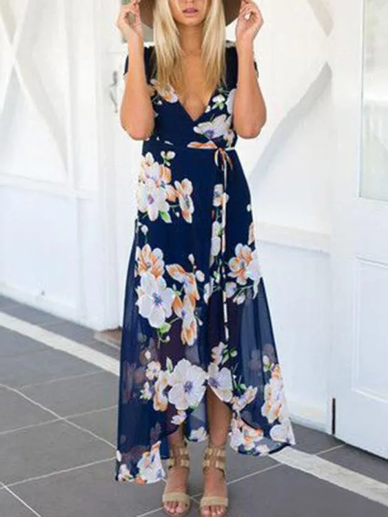 Wholesale Navy Off The Shoulder Half Sleeve Floral Print Cut Out Belt Ruffle Hem Dresses