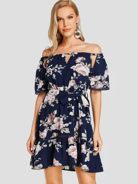 Wholesale Navy Off The Shoulder Half Sleeve Floral Print Cut Out Belt Ruffle Hem Dresses